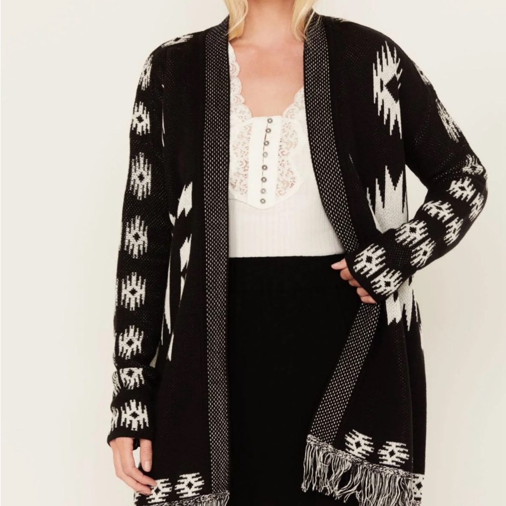 Idyllwind Black and White Southwestern Fringe Cardigan